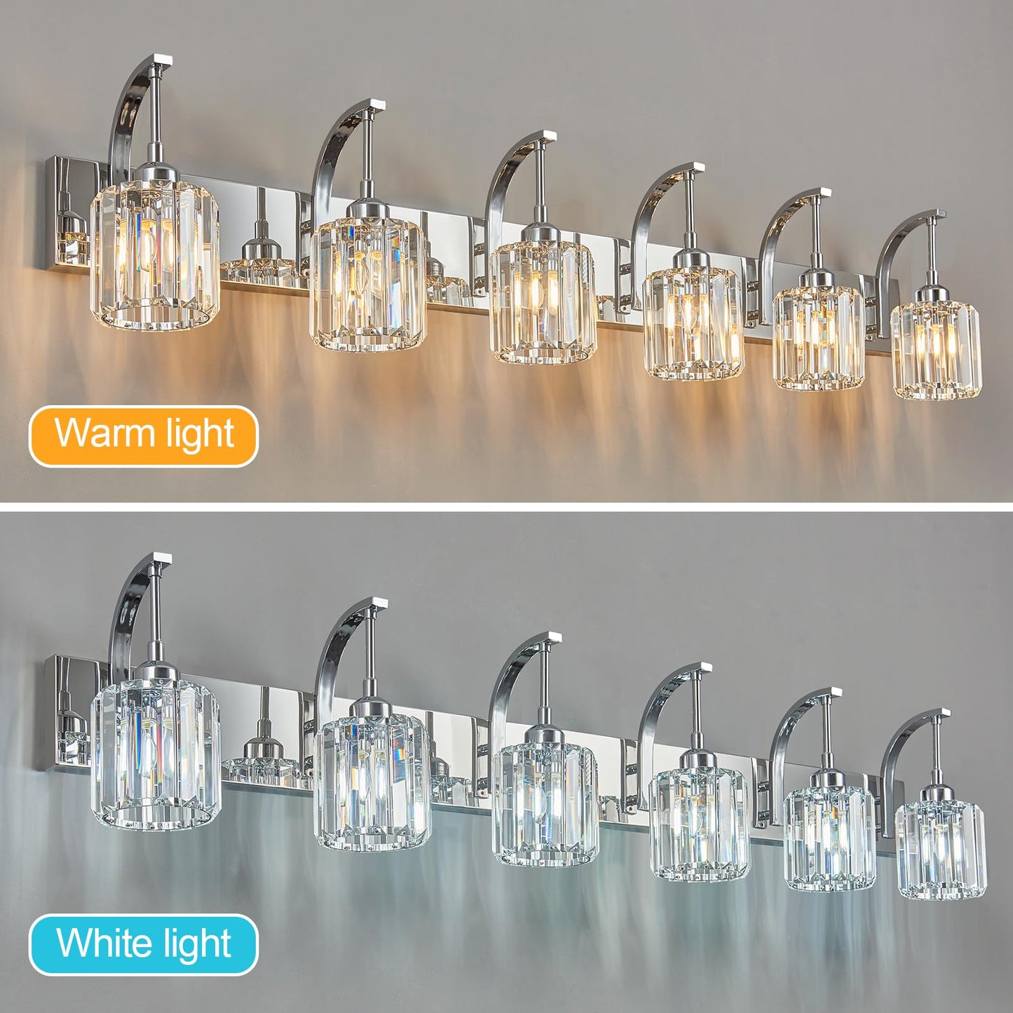 Fdpby 6-Light Crystal Vanity Light  Chrome Modern Wall Sconce With K9 Crystal Shades  51.18 Long Over Mirror Lighting For Bathroom  Makeup  Hallway  Elegant & Easy Install