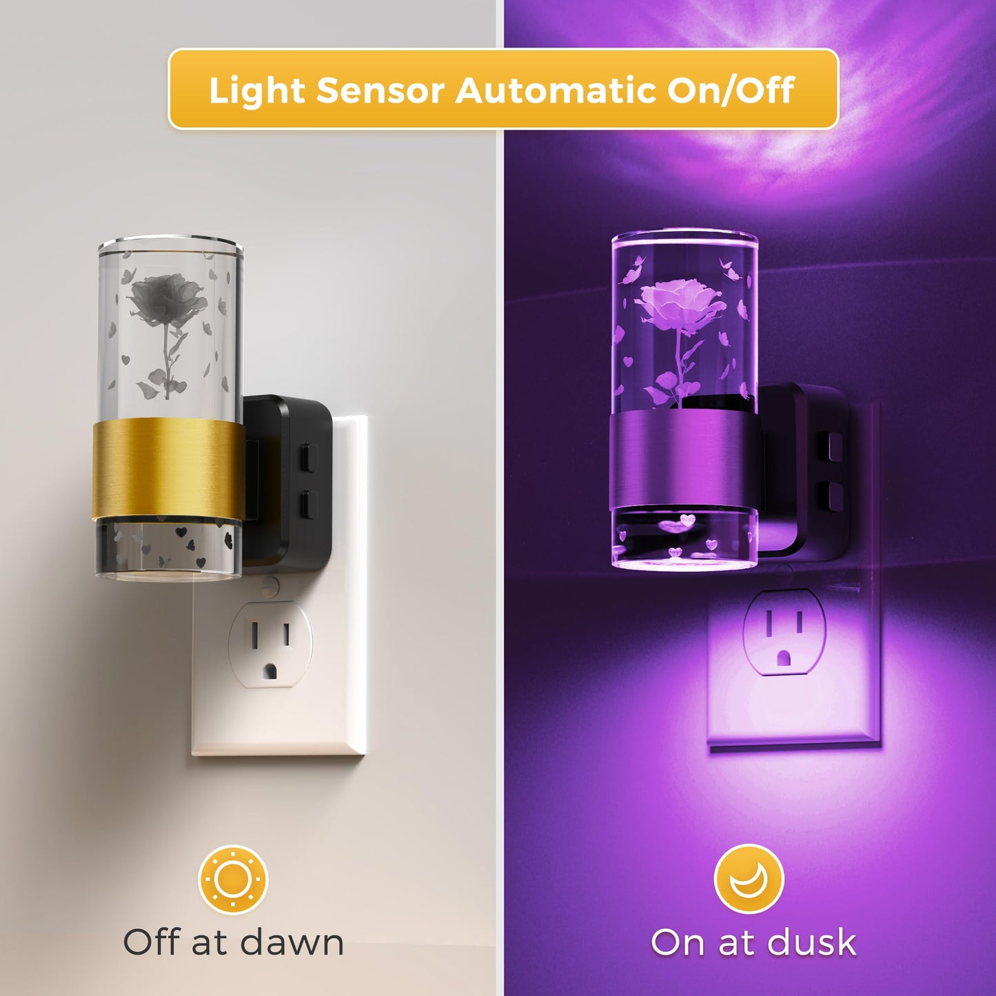 L LOHAS LED Night Light, Color Changing, Dusk to Dawn Sensor, Adjustable Brightness, 2 Pack, Gold Ring-Rose RGB, Model A-GY19709RSUS-2