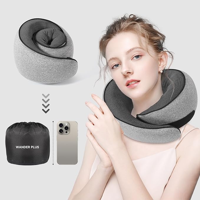 WANDER PLUS® Genuine Travel Pillow, 100% Pure Memory Foam Neck Pillow for Airplanes, Comfortable Breathable Cover, 360° Support Stowable Pillows for Sleeping, Car, Airport Travel Essentials, Grey