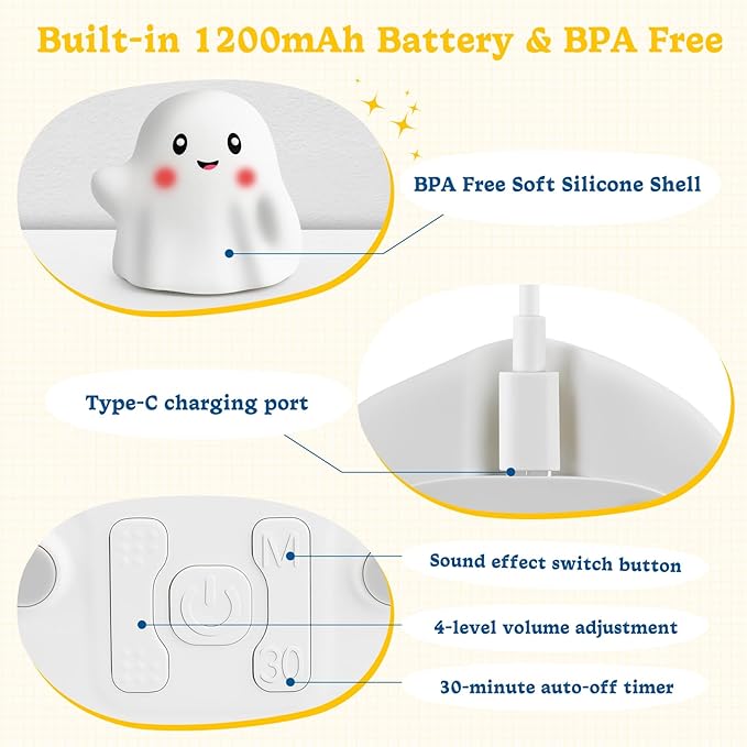 Ghost Night Light for Kids, Cute Nursery Lamp with 19 Interactive Sounds & 3 Light Modes & 30-Min Timer, Rechargeable Silicone Touch Nightlight for Halloween Decor Bedroom (White Ghost)