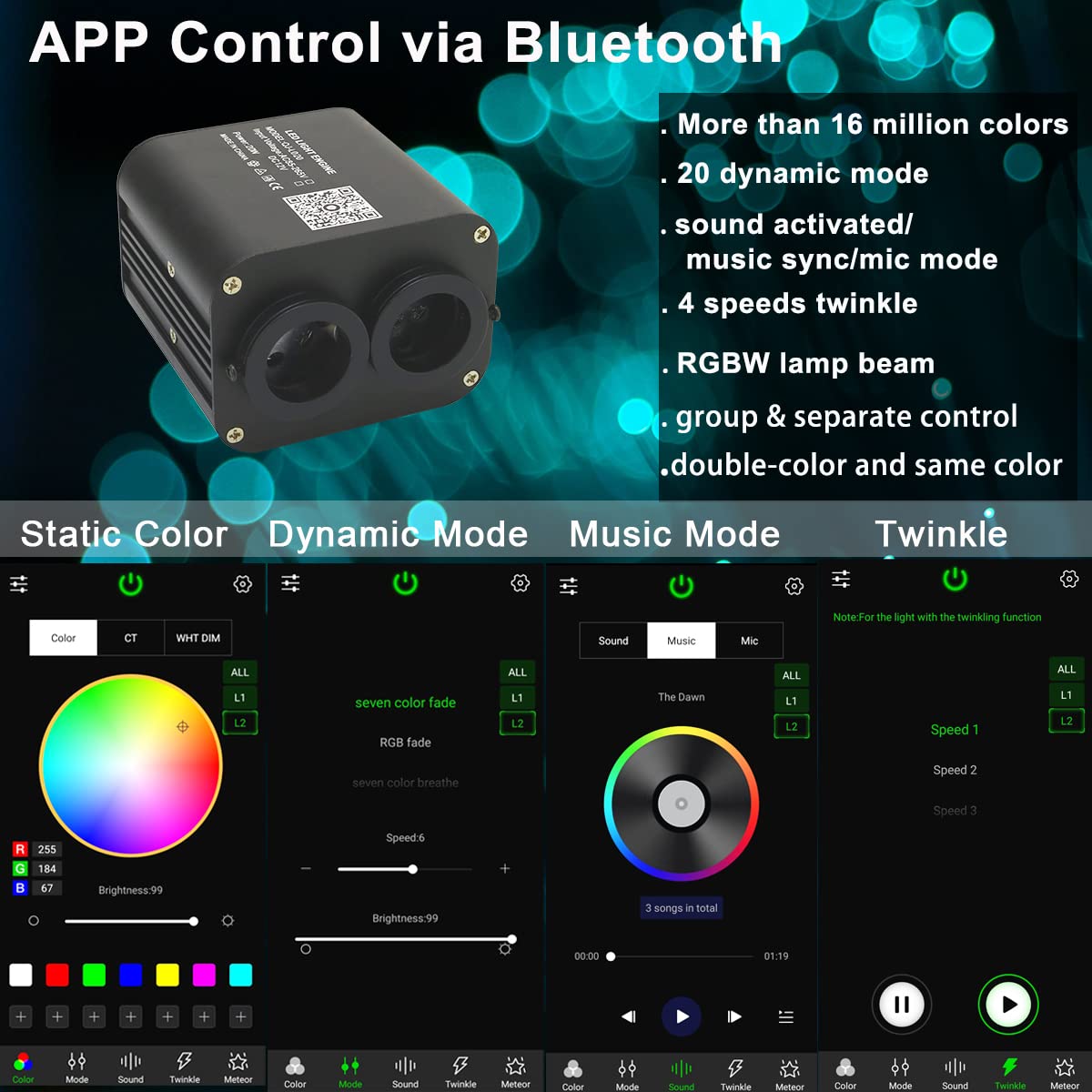 AZIMOM Dual Color Fiber Optic Starlight Kits, 600pcs 0.03in 9.8ft, Aluminum, Black, Model DUALCOLOR-888, Sound Activated,