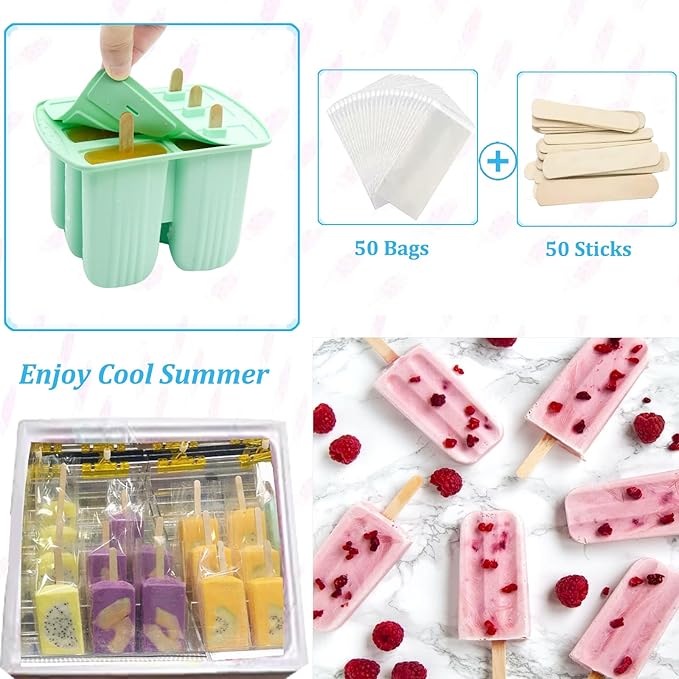 Silicone Popsicle Molds with Sticks Wpunwen 6 Cavity Ice Popsicle MoldsIce Cream Mold with Clean Brush 6 Reusable Sticks 50 Sticks 50 Bags Green