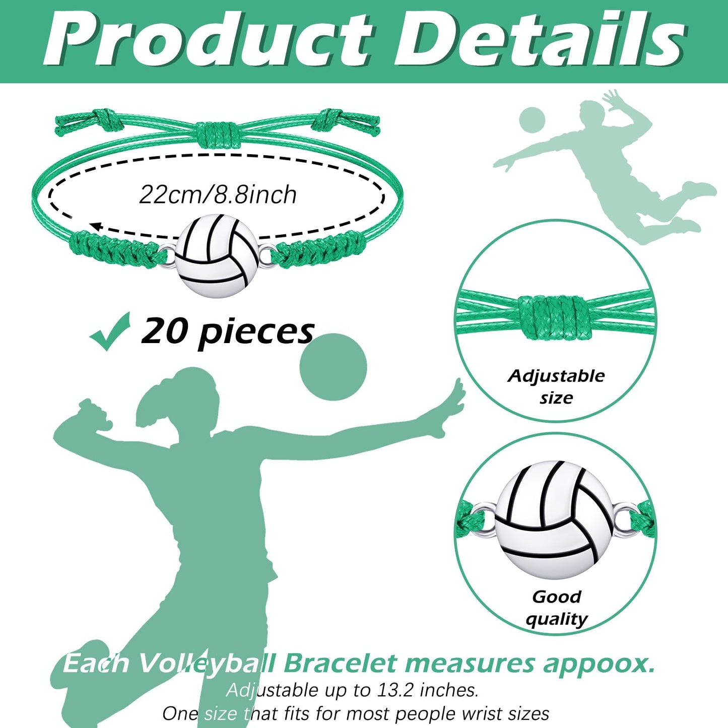 Jadive 20 Pieces Volleyball Charm Bracelets Bulk Volleyball Team Gifts Adjustable Christmas Sport Jewelry for Women Men Coach De