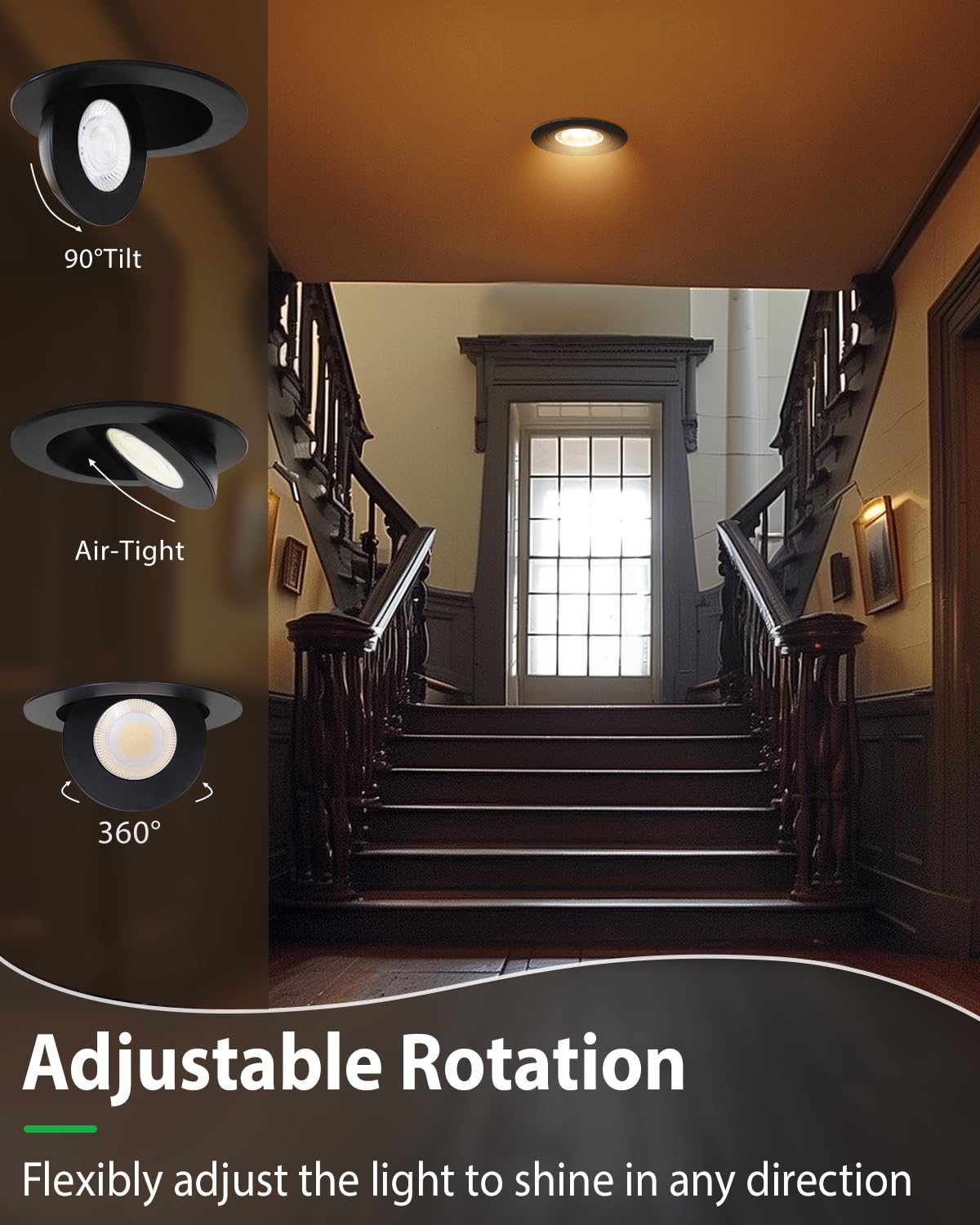 Zouzai 6 Inch 5Cct Gimbal Black Led Recessed Lights  360+90 Adjustable Directional Recessed Lighting  2700K-5000K Dimmable Retrofit Eyeball Can Lights With Jbox  Etl&Energy Star(Black 12 Pack)