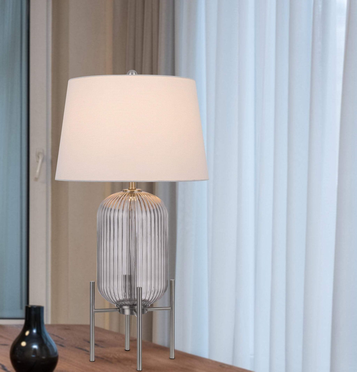 Homeroots 33 In. Nickel Glass Table Lamp With White Empire Shade, Model 524738