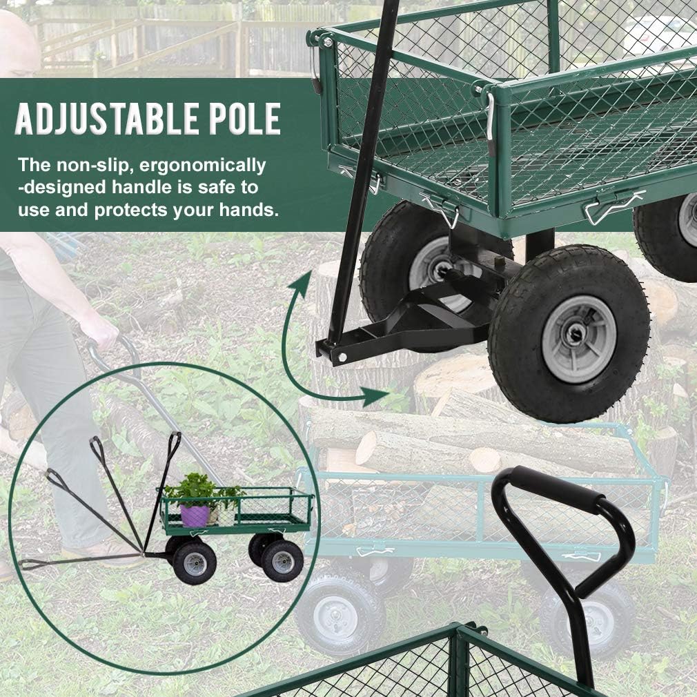 BestMassage Heavy Duty 500 Lbs Capacity Mesh Steel Garden Cart Folding Utility Wagon with Removable Sides for Beach Lawn Yard Landscape (Deep Green)