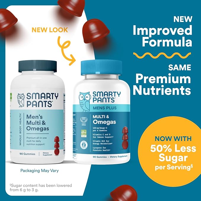 SmartyPants Men's Multivitamin Gummies - Improved Formula: Omega 3 (DHA/EPA), Methylfolate, Vitamin D3, C, Vitamin B12, B6, Vitamin A, K, Zinc & Selenium, Gluten Free, 90 Count (30 Day Supply)