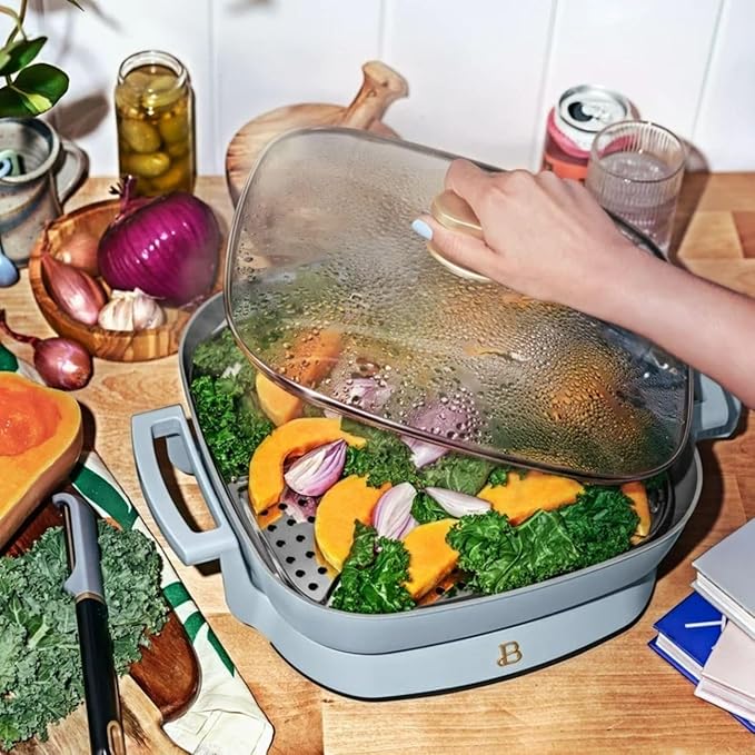 Beautiful 5-in-1 Electric Skillet 7QT, Cast Aluminum Extender, Nonstick, 1500W, Dishwasher-Safe Lid, Slow Cook, Steam (Cornflower Blue)