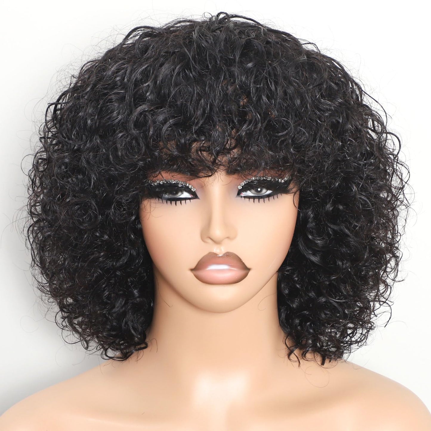 REMESSE Short Curly Wig With Bangs Human Hair Curly Human Hair Wig With Bangs For Women Glueless 250% Density Water Wave Human H
