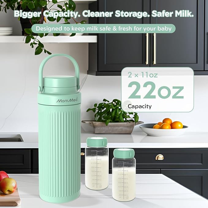 MOMMED Breast Milk Cooler 22oz for Travel & Work– 24H 360° Long-Lasting Cooling, Dual Storage Bottles Double as Baby Bottles, Compatible with Standard Nipples & Manual Breast Pumps, BPA-Free, TSA