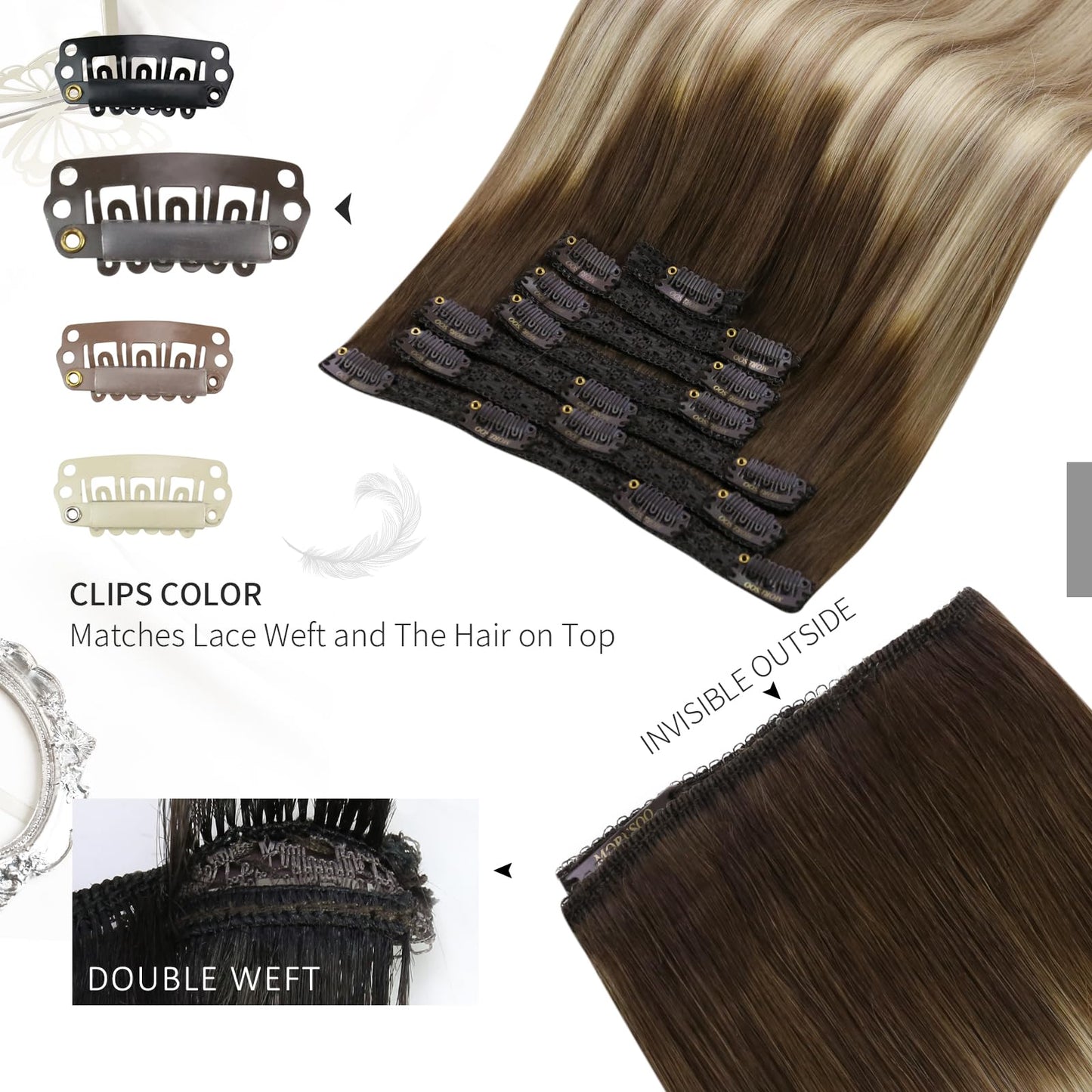 Moresoo Balayage Hair Extensions Clip in Real Human Hair Brown to Light Brown with Golden Blonde Ombre Clip in Extensions Human