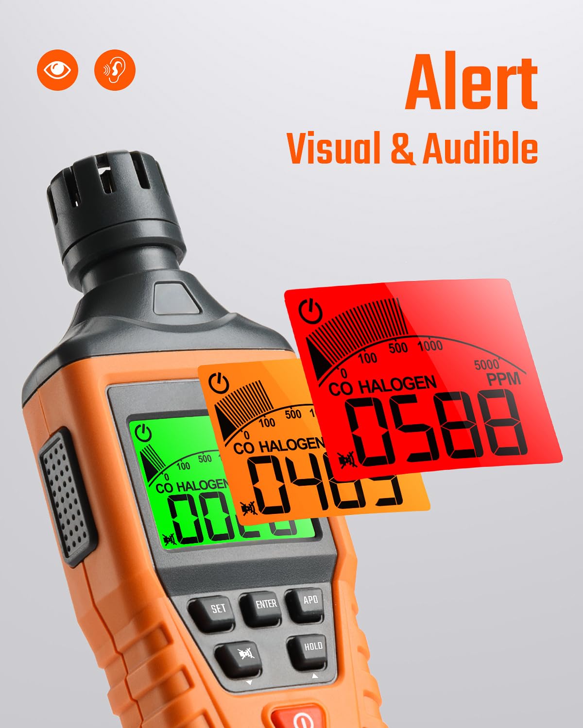 TopTes CT-300 Portable Carbon Monoxide Detector, CO Detector with Audible & Visual Alarm, 0-5000PPM, CO Alarm, Backlit LCD Screen, for Home, Car, Camping& Travel (Includes Battery x3) - Orange