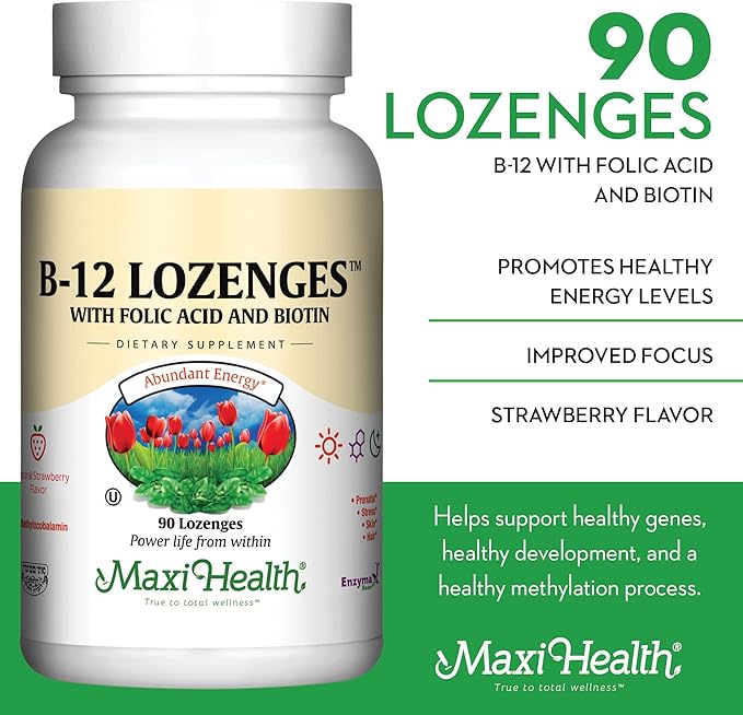 Vitamin B12 Lozenges with Folic Acid and Biotin - Sublingual B 12 Vitamins Strawberry Flavor - Vegetarian Kosher B 12 Vitamin - VIT B12 Supplement for Red Blood Cell Production and Energy (90 Count)