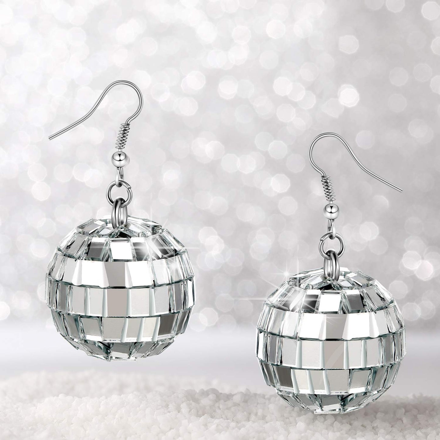 Hicarer 5 Pairs Disco Ball Earrings 30 mm 60's 70's Dance Party Silver Costume Accessories for Women Christmas Disco Outfits