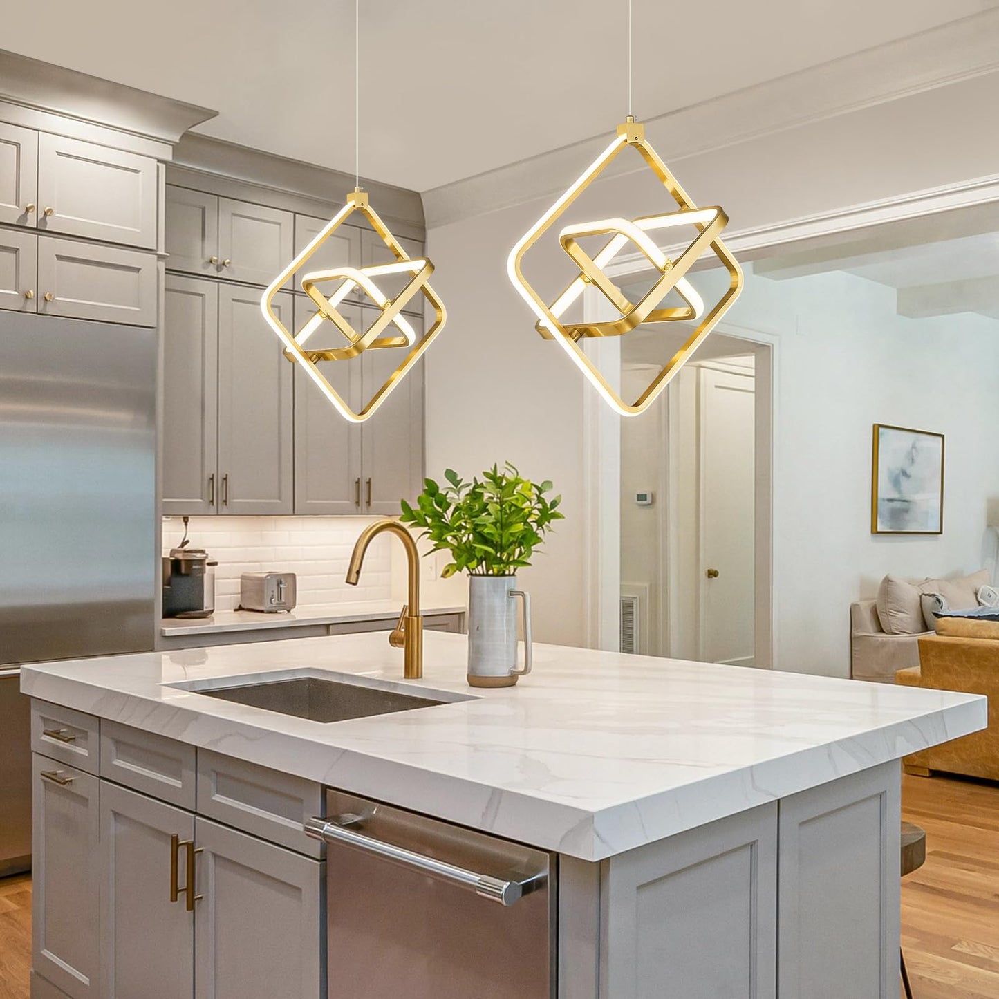 Bnhhlz Modern Led Pendant Light Gold Pendant Lights 4000K 35W Dimmable Height Adjustable Pendant Lighting Rectangle Chandelier For Kitchen Island Dining Room Bedroom Living Room Foyer(3-Ring)