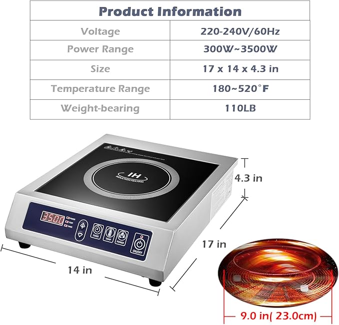 Commercial Induction Cooktop,Portable Electric Induction Countertop Burner(3500W/ 240V) with Stainless Steel Housing, Durable Commercial Induction Hot Plate for Hotel Restaurant School