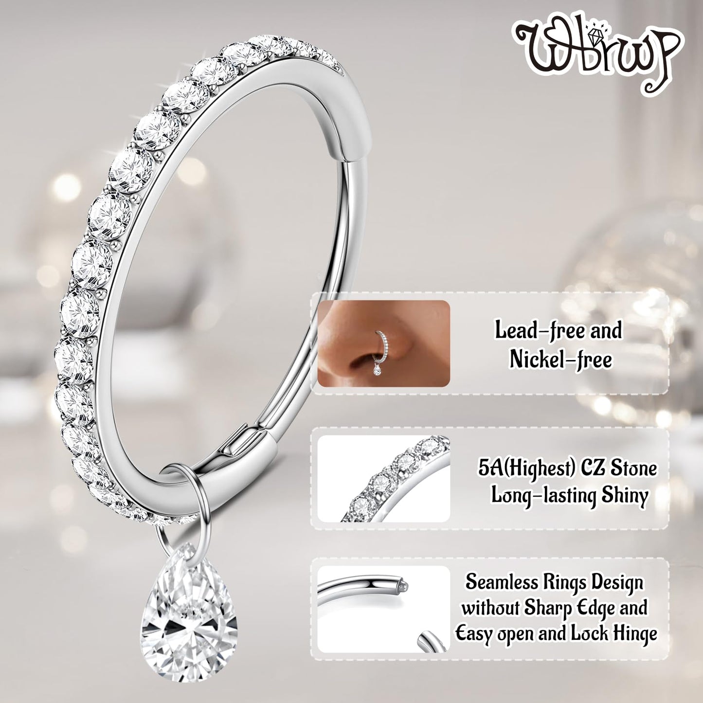 WBRWP 316L Stainless-Steel Hinged Nose Rings Hoop : Womens and Mens Ear Pierecing Dangle Ring with Zircon 16G(1.2mm) Septum Clic
