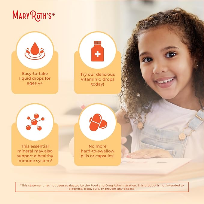 MaryRuth Organics USDA Kids Vitamin C Drops | Vegan Immune Support Supplement for Ages 4-13 | Immune Support & Overall Health | Vitamin C from Organic Acerola Fruit Extract | 2oz