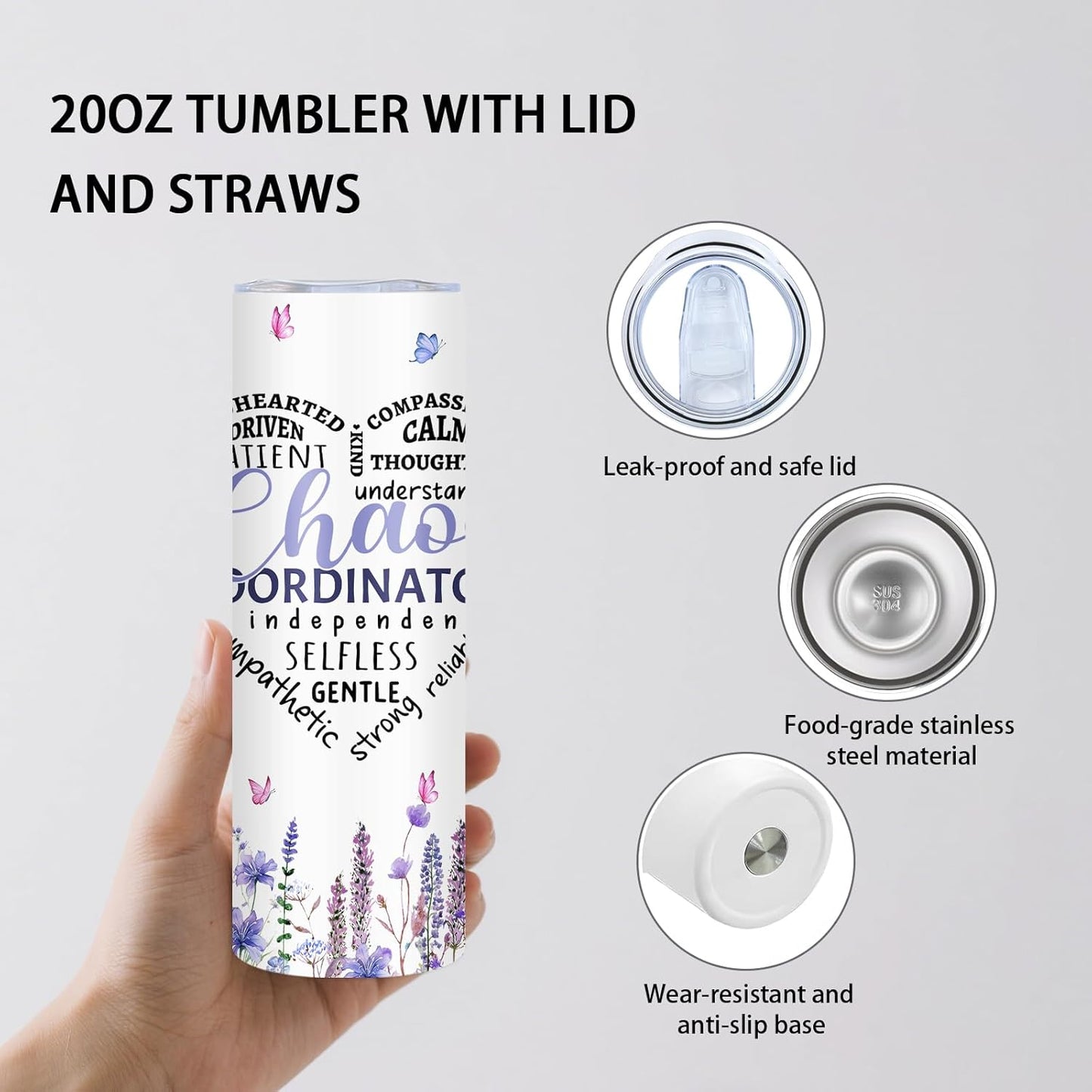 Chaos Coordinator Gifts - 20oz Insulated Stainless Steel Travel Water Tumbler with Straw Lid, Leakproof, for Teacher, Coworker, Employ - Thank You Appreciation Retirement Birthday Gifts Cup