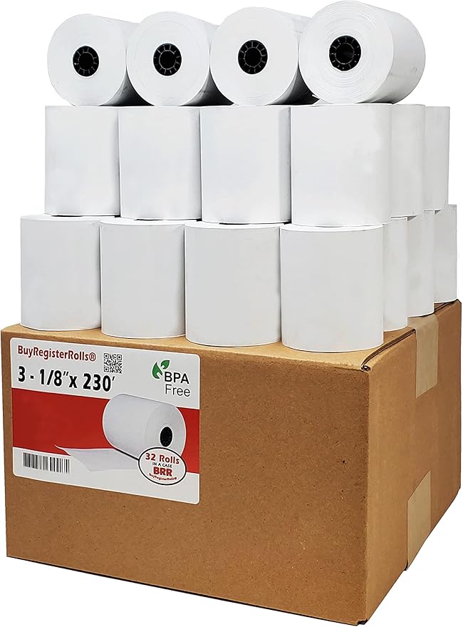 (32 Rolls) 3 1/8 x 230 Thermal Paper Receipt Rolls fits all Clover POS Cash Register Printers, Star Micronics SCP700 TSP10...