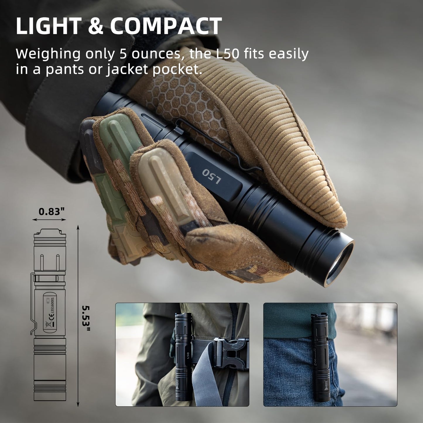 WUBEN L50 Rechargeable Flashlight, 1200 Lumens, 5 Modes, IP68 Waterproof, Black, Aluminum