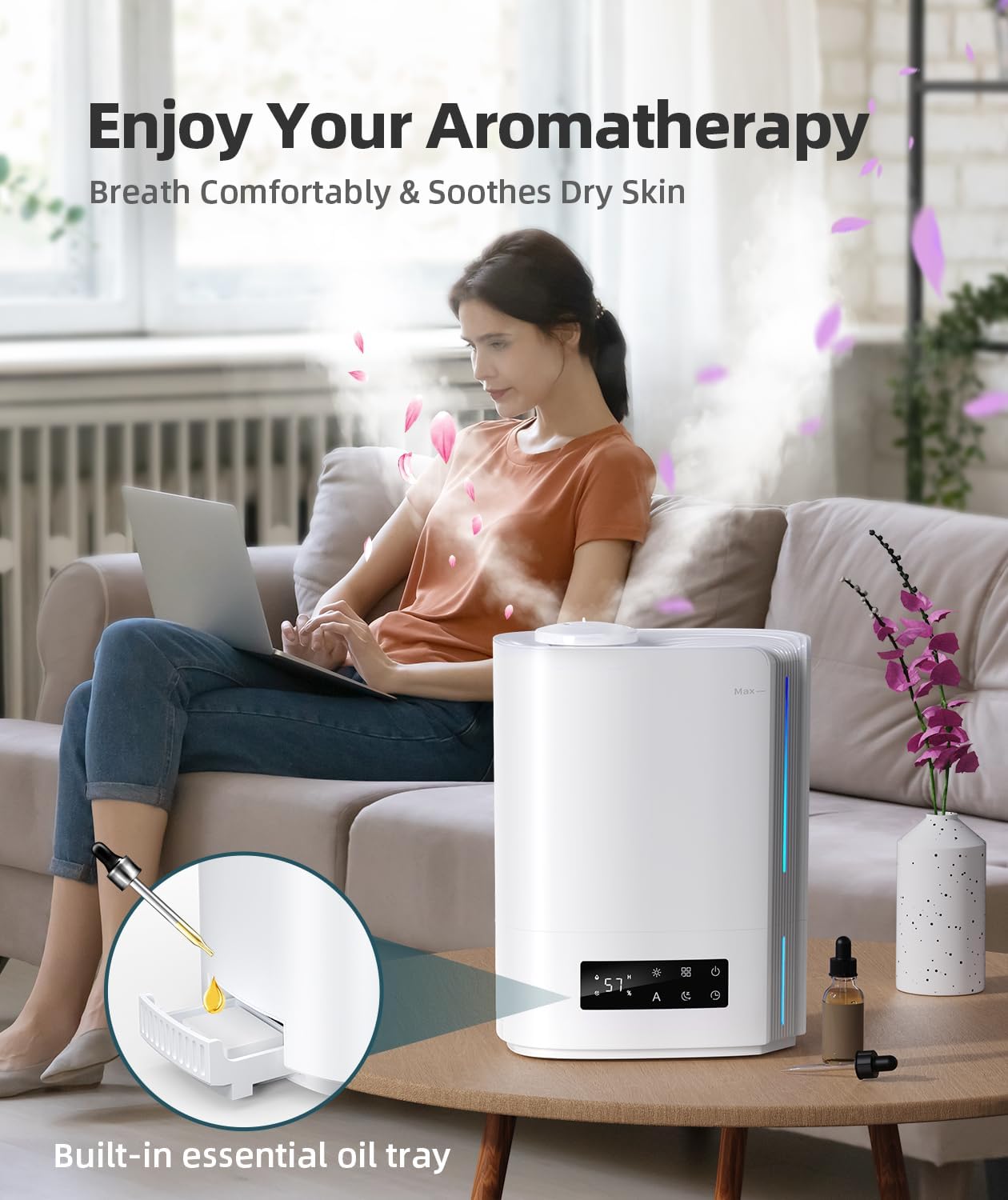 BREEZOME 6L Humidifiers for Bedroom Large Room & Essential Oil Diffuser, Ultrasonic Top Fill Cool Mist Humidifiers for Baby, Plants, Nursery Last up to 60 Hours, Smart Humidistat Control, Quiet, White