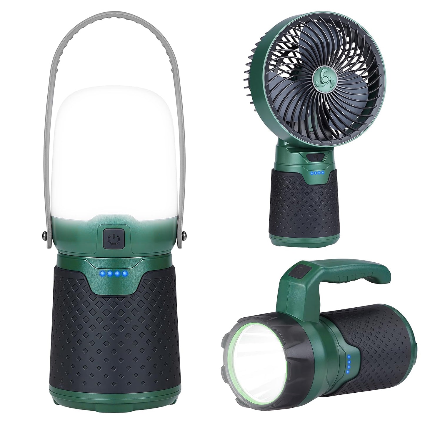 BOBKID 4 in 1 Modular Camping Lantern, LED Flashlight & Fan, 4400mAh Power Bank, IPX4 Waterproof, Green, Model WTC1003