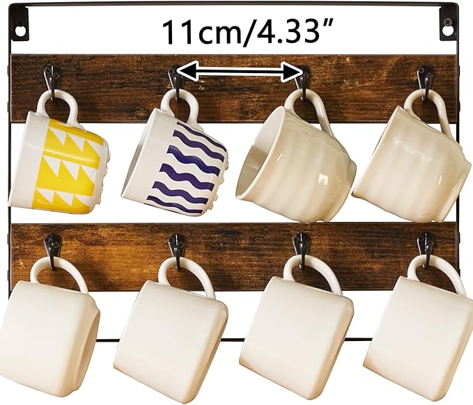 IBUYKE Mug Racks for Wall,Set of 3, 24-Hook Large Coffee Mug Holder Wall Mounted, Rustic Wood Coffee Mug Rack Display Organizer for Kitchen, Home,Bar, Coffee Station,Rustic Brown TBJ005H-3
