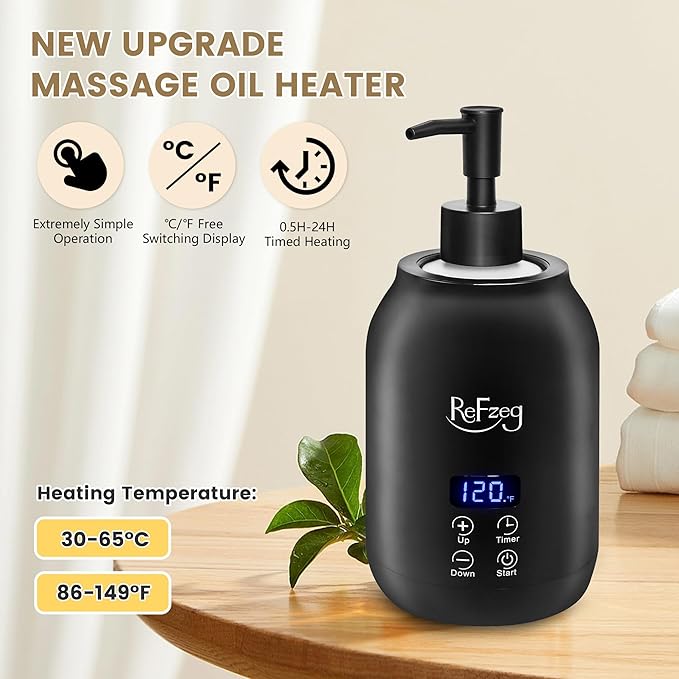 Massage Oil Warmer Bottle Professional Electric Lotion Digital Heater for SPA, Portable Oil Warmer Heated Cream for Beauty Salon Home, with ℃/℉ Switchable Display, Two Oil Dispenser Bottle