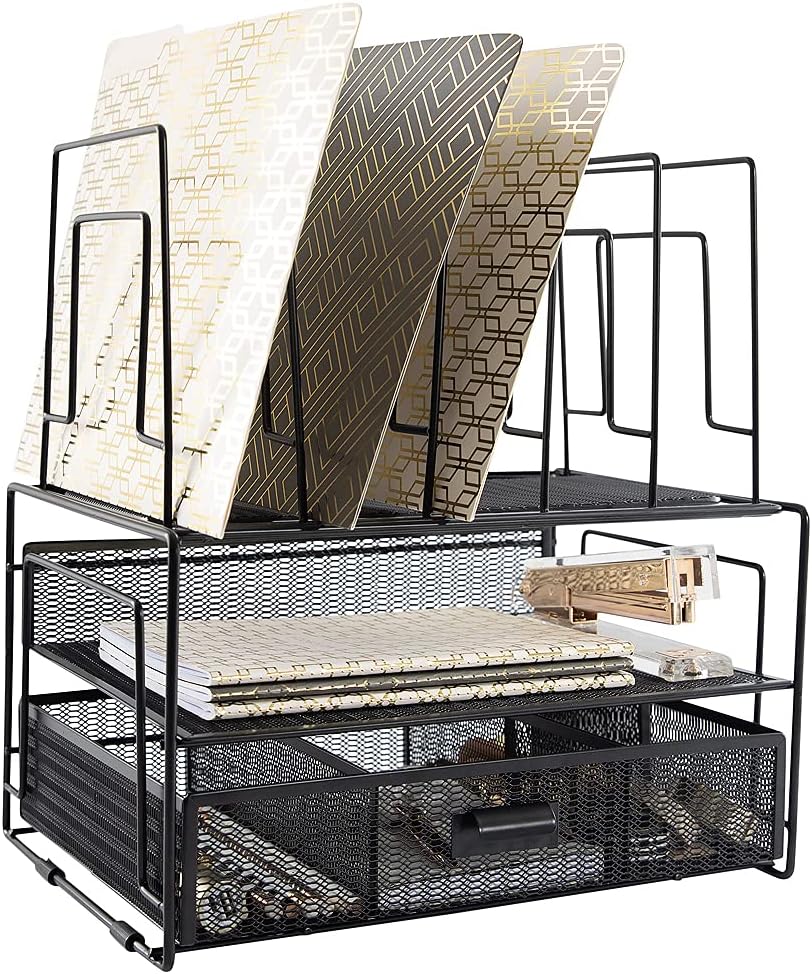 BLU MONACO Black Desk Organizer with File Sorters & Drawer | Metal Mesh Workspace Storage Rack | Desktop Organizer for Office Supplies, Papers & Folders | Multi-Compartment Desk Organization System