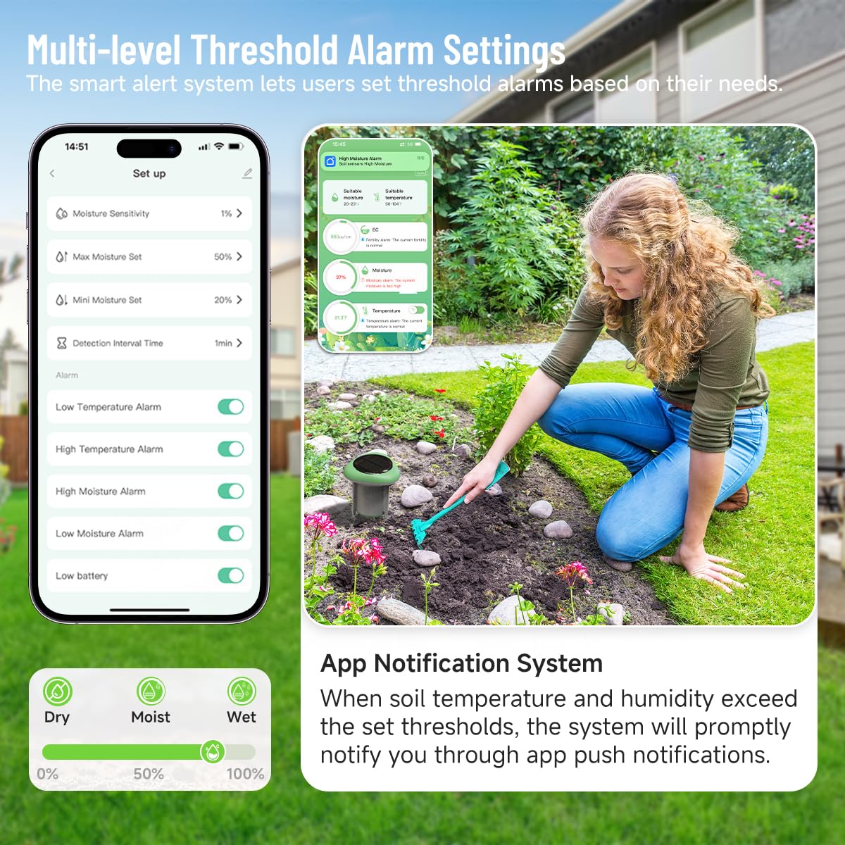 Smart 3-in-1 Soil Moisture/Temperature/Fertility Meter for Outdoor Plant, Soil Test Kit for Garden/Farming/Lawn, GreenVation Digital Soil Sensor with Tuya/Smart Life APP Push Notification