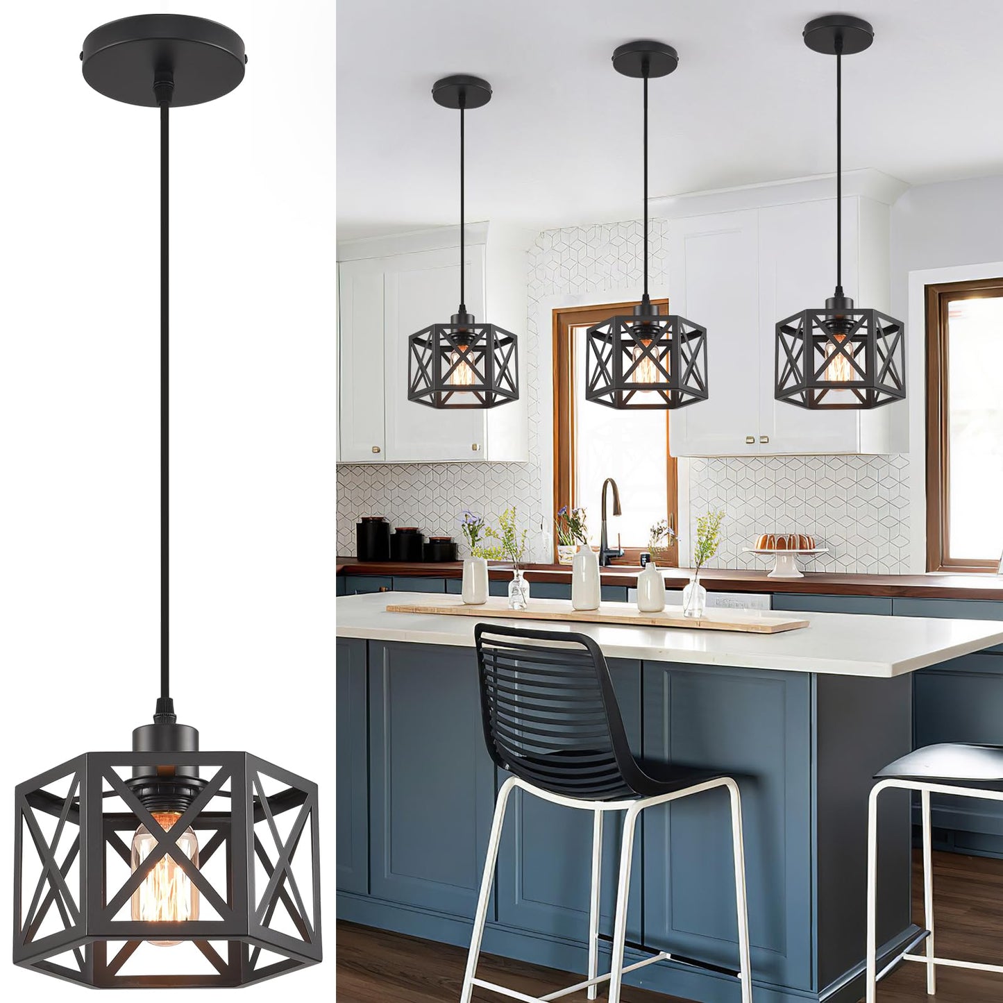 Cafulam Farmhouse Pendant Light Fixture  Black Pendant Lights For Kitchen Island Industrial Lantern Pendant Light Fixtures With Light Shade  Adjustable Height Hanging Pendant Lighting
