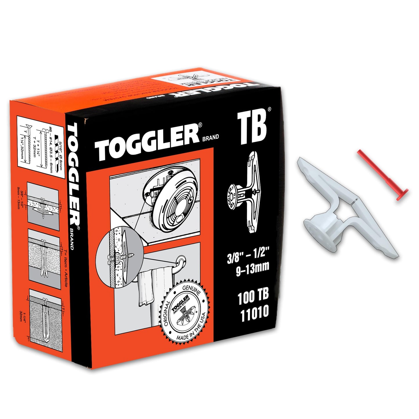 TOGGLER Toggle TB Residential Drywall Anchor, Polypropylene, Made in US, 3/8" to 1/2" Grip Range, For #6 to #14 Fastener Sizes (Pack of 100)