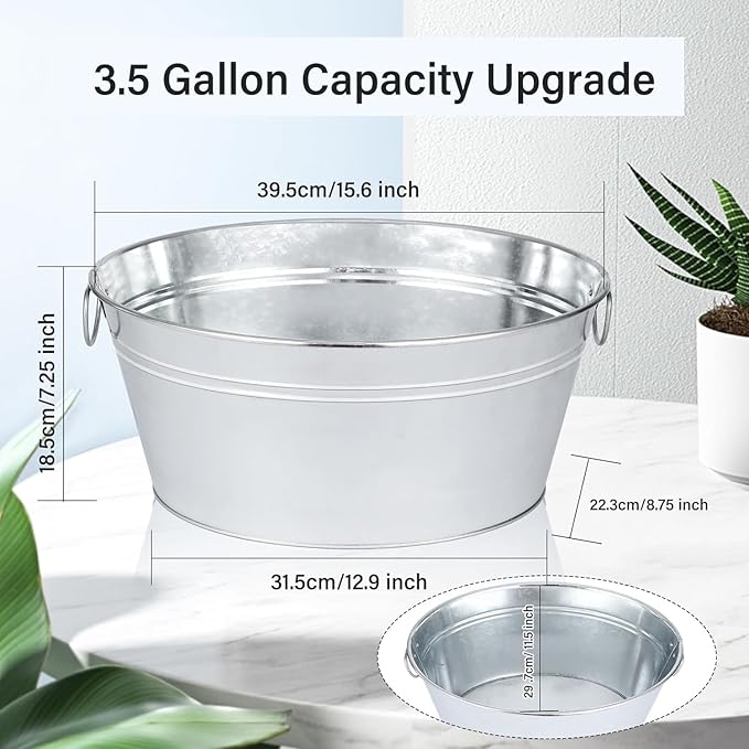Metal Galvanized Beverage Tub, 2 PCS Large Ice Buckets for Parties, 3.5 Gallons Drinks Champagne Beverage Tub for Cocktail Bar, Wine, Beer, Soda