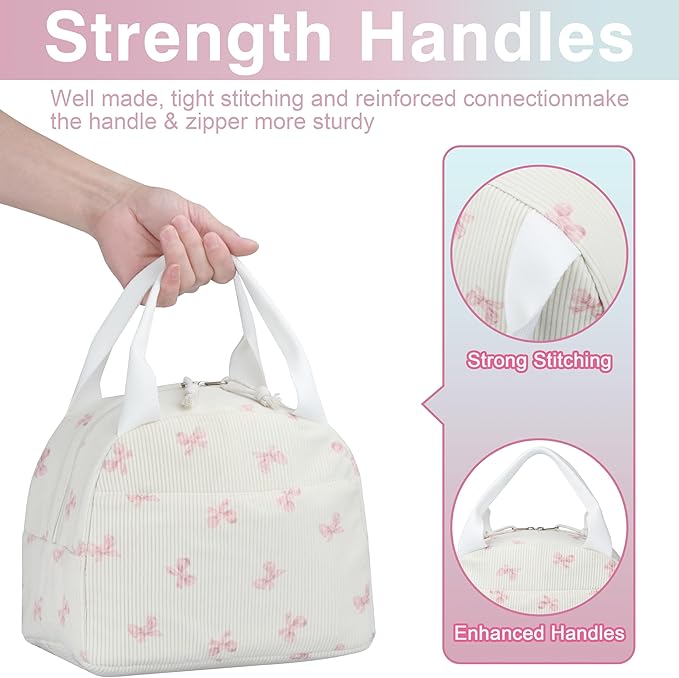 Lunch Bag - Insulated Lunch Box for Women, Reusable Large Capacity Cooler Bag for Adult, Small Leakproof Cute Corduroy Lunch Tote for Work Office Travel Picnic (Pink Bow)