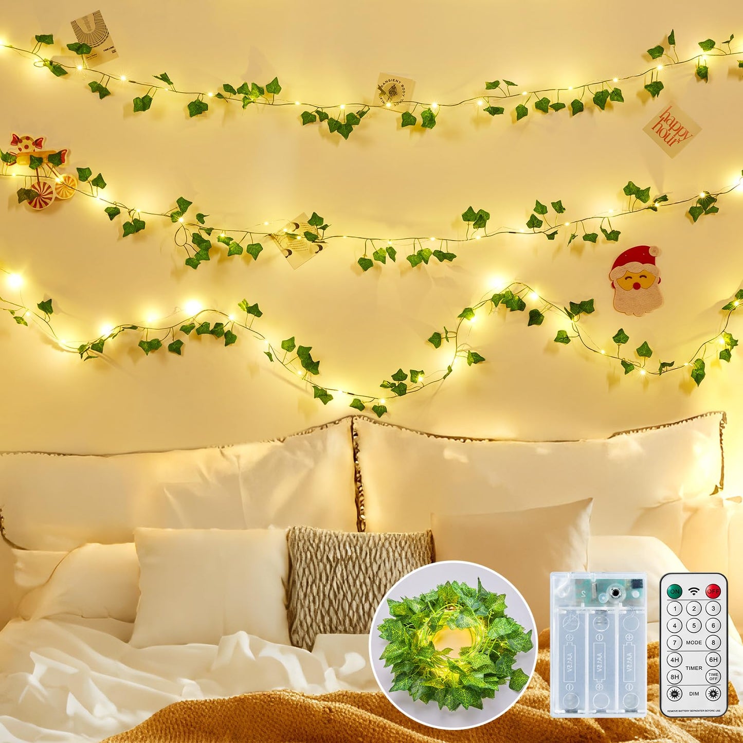 Minetom Vine Lights For Bedroom  21Ft 60Led Fairy Lights Battery Operated With Remote Control  8 Lighting Modes Ivy Vines String Light For Bedroom Room Wall Wedding Christmas  Warm White