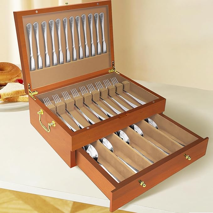 Silverware Storage Box Solid Wood with Lid, 2 Layer Silverware Storage Chest, 15.5'' ×11.5'' Silverware Organizer with Handle and Felt Lined, Chest for Flatware Setting Up 30