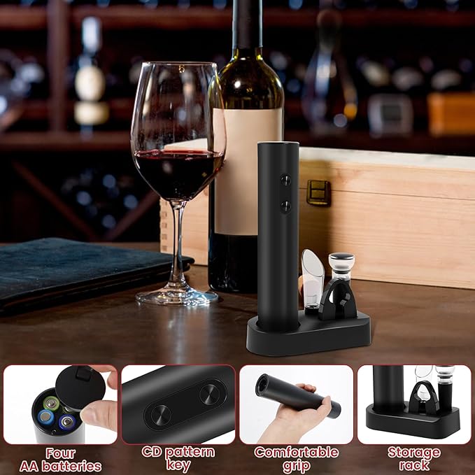 4Pcs Electric Wine Opener Set ABS Automatic Wine Opener Set with Stand Foil Cutter Wine Pourer Vacuum Stopper Practical Electric Wine Opener Rechargeable for Home Party Bar Outdoor Wine Gift