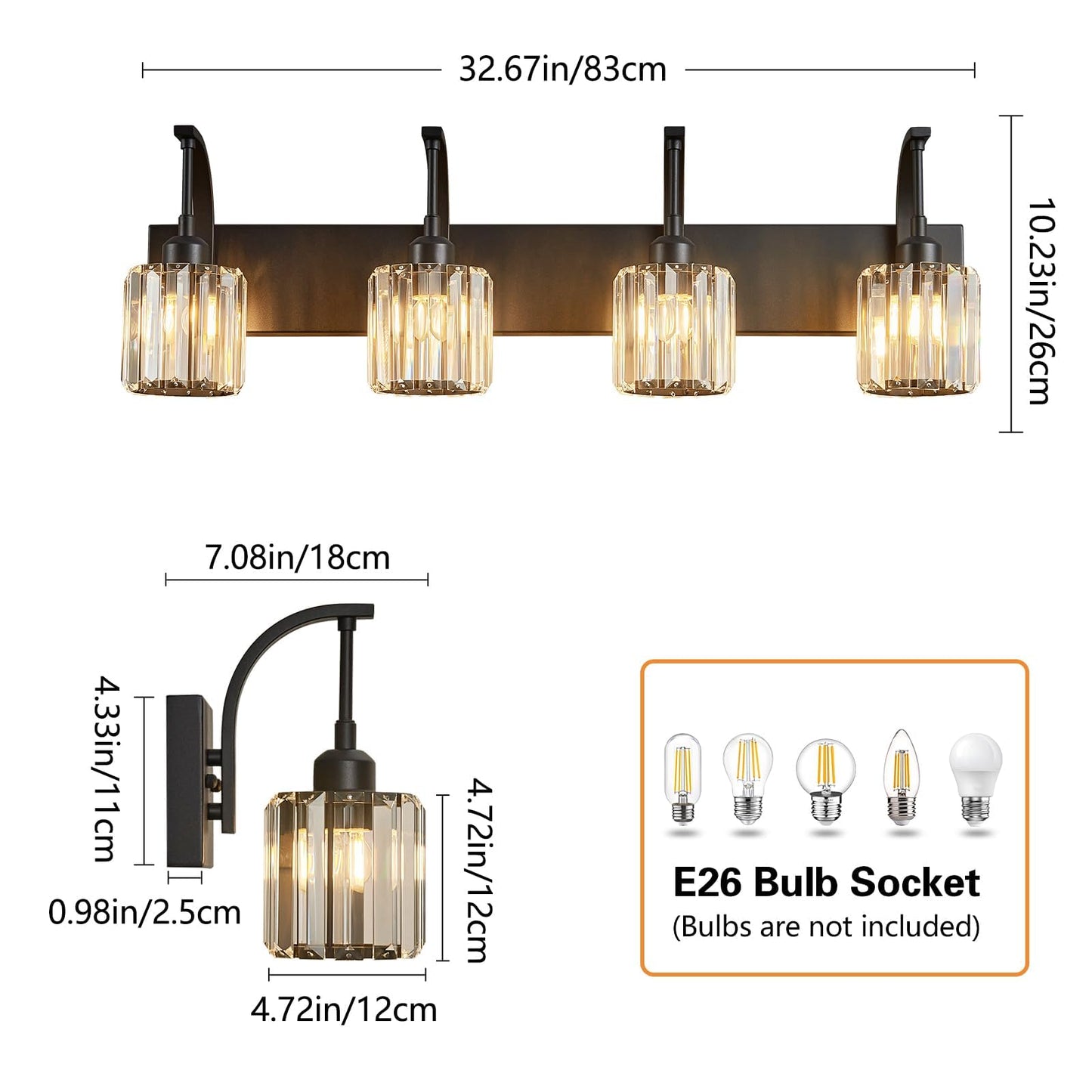 Fdpby 4-Light Crystal Vanity Light  Modern Black Bathroom Wall Sconce With K9 Crystal Shades  32.67 Long Over Mirror Lighting For Vanity  Makeup  Hallway  Elegant & Easy Install