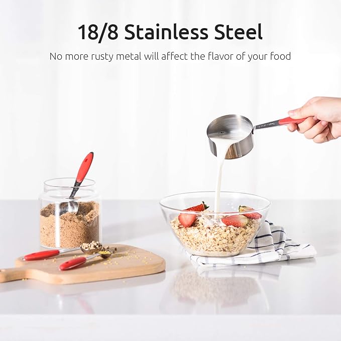 U-Taste 18/8 Stainless Steel Measuring Cups and Spoons Set and 600ºF High Heat-Resistant Kitchen Tong Set (Red)