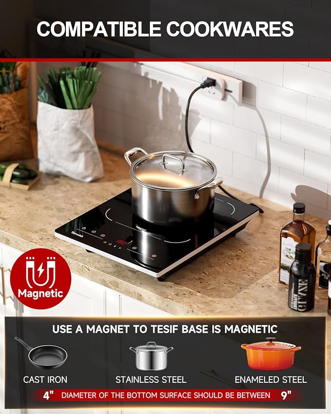 Portable Induction Cooktop, Hot Plate Countertop Burner with 8 Temp Levels, Timer, Auto-Shut-Off, Touch Panel, LED Display, Auto Pot Detection, Child Safety Lock