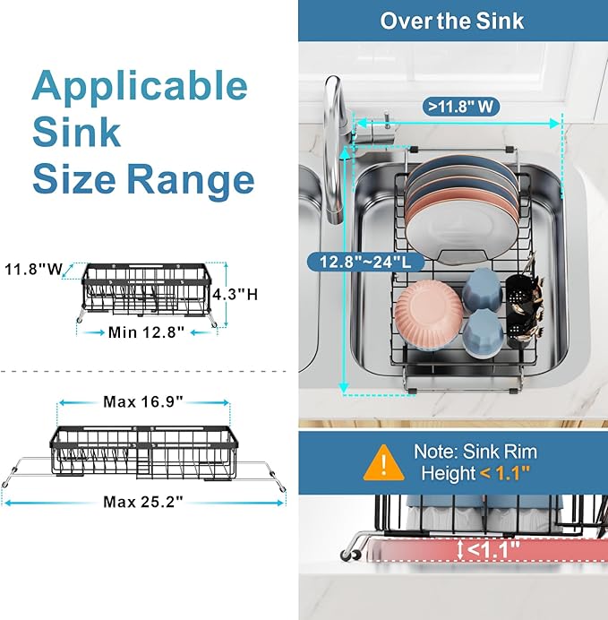 iSPECLE Over Sink Dish Drying Rack - Expandable Capacity Dish Rack for Kitchen Counter, Fits Any Sink Type, 12"~16.9" L x 11.8" W, Black