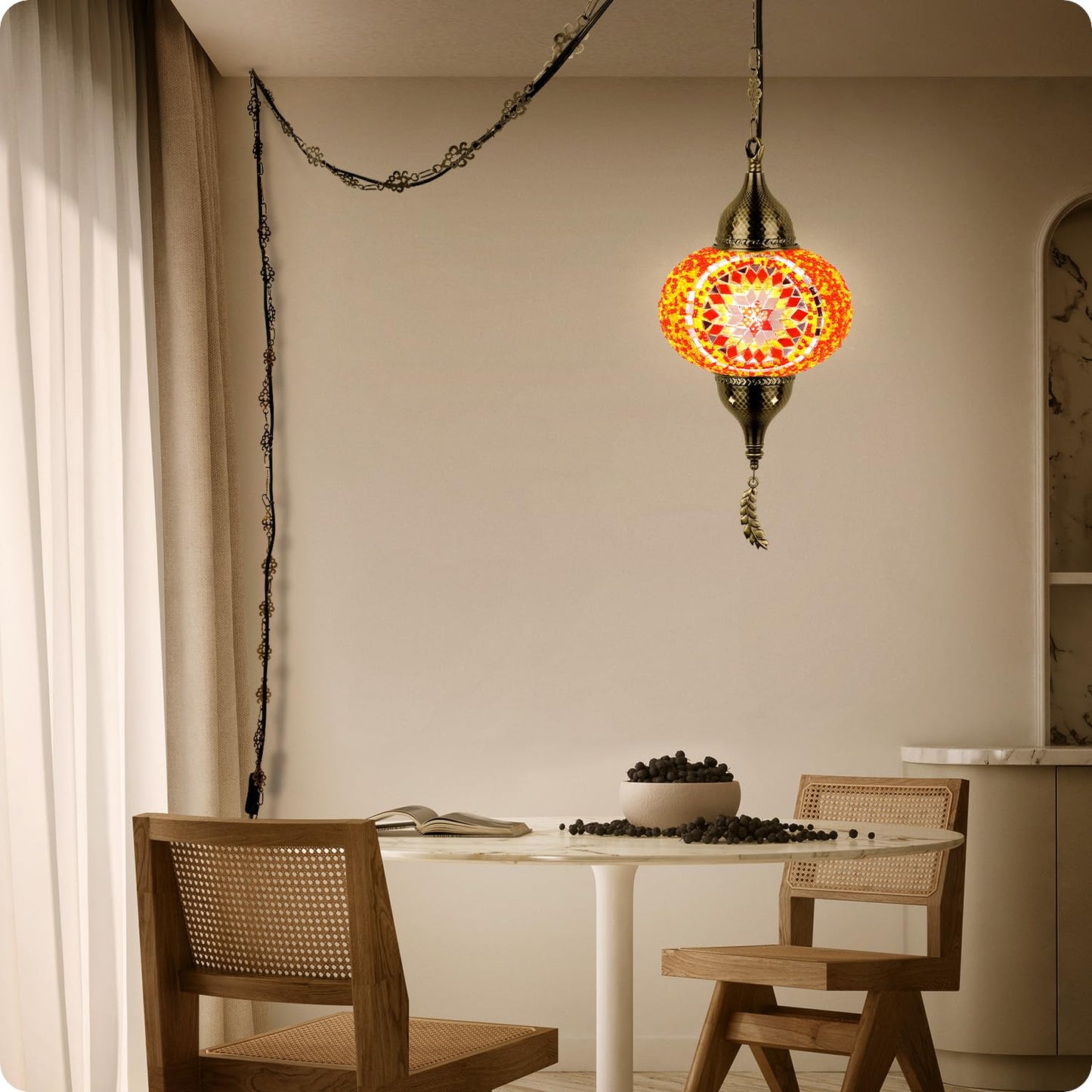Yarra-Decor Turkish Moroccan Pendant Light - Tiffany Style Mosaic Ceiling Lamp For Bedroom, Living Room - 15-Foot Cord, Red1, Model Ptr-1A-Red1