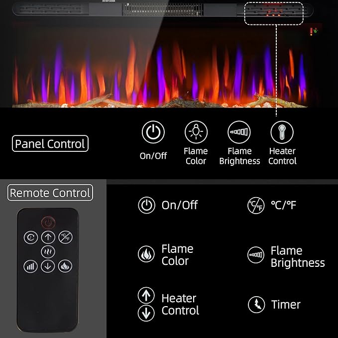 HOMCOM 40" Electric Fireplace Recessed and Wall Mounted with Remote Control, 1500W Fireplace Heater with 8H Timer, Adjustable Flame Color and Brightness, Log and Crystal