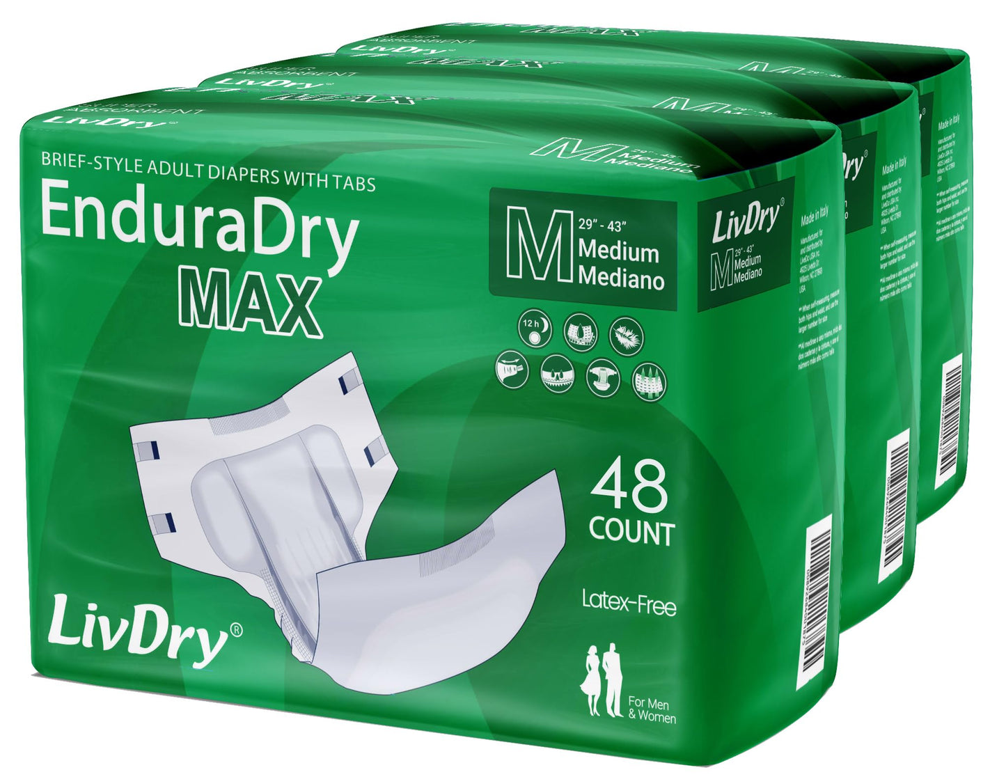 LivDry EnduraDry Max Adult Diapers with Tabs, Up to 12-Hours, Super Absorbent Incontinence Underwear, Leak Protection Briefs, Medium, 48-Pack