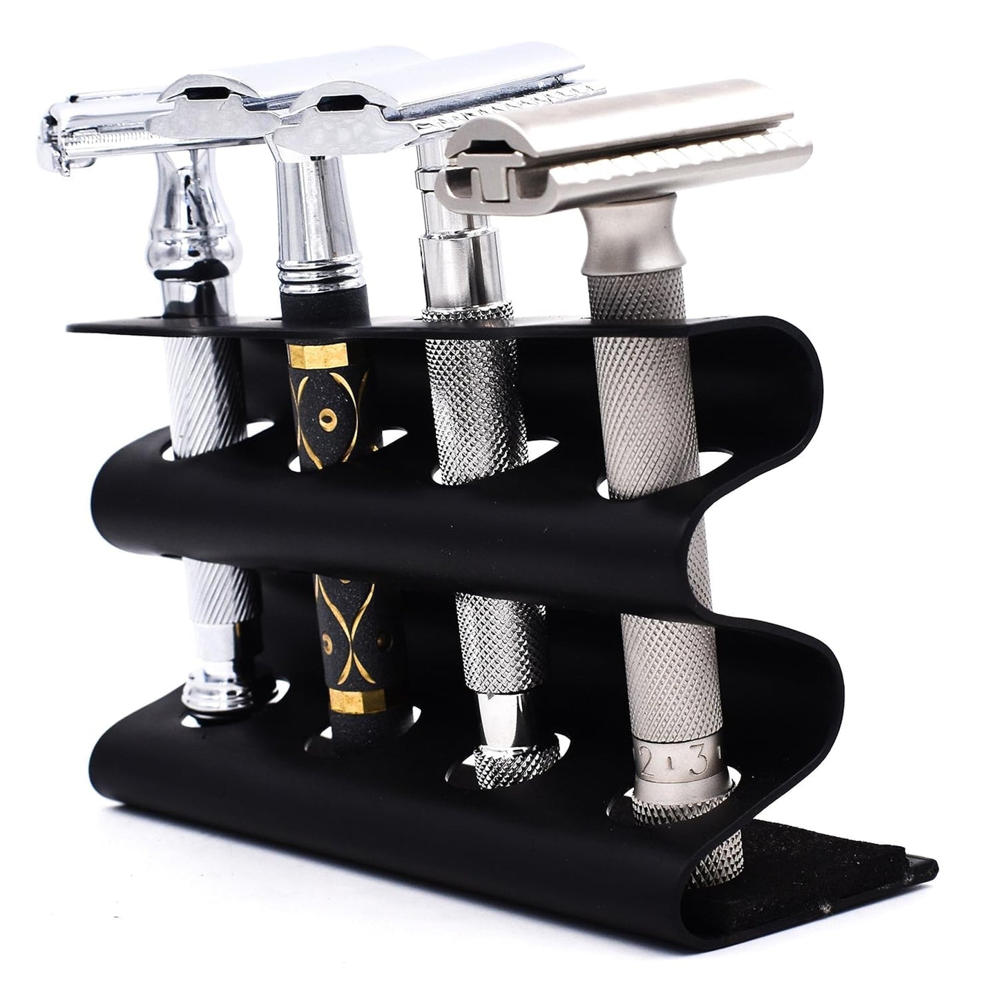 Parker Double Edge Razor Stand - Solid Brass with Black Finish -Holds 4 Razors - Parker Stand with Padded Base - Excellent Stora