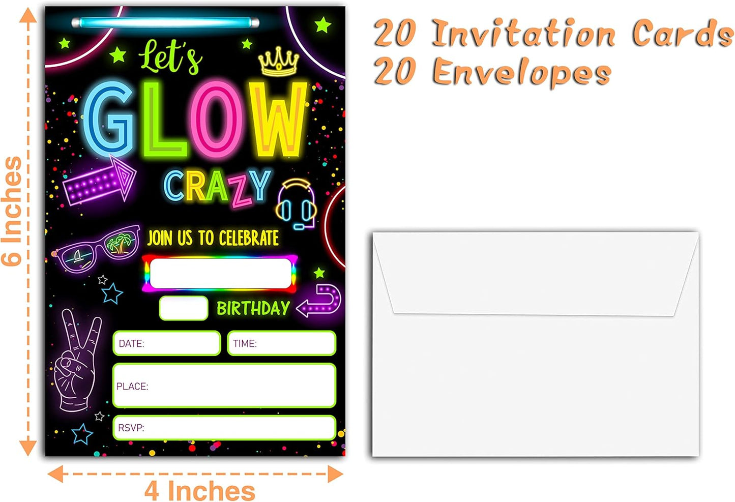 Neon Glow Invitation Birthday Party Invitations, 20-Count Let's Glow Crazy Theme Birthday Party Invites With Envelopes-HBYQK-B02