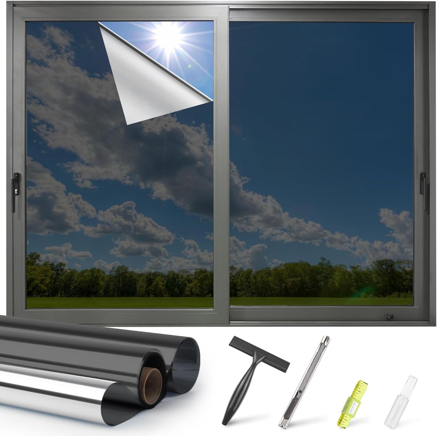 Kromapolis One Way Window Privacy Film Reflective Mirror Home Window Tint, Daytime Privacy Heat Control Anti UV Glass Tinting Static Cling (Black-Silver, 29.5 x 157.4 inch)