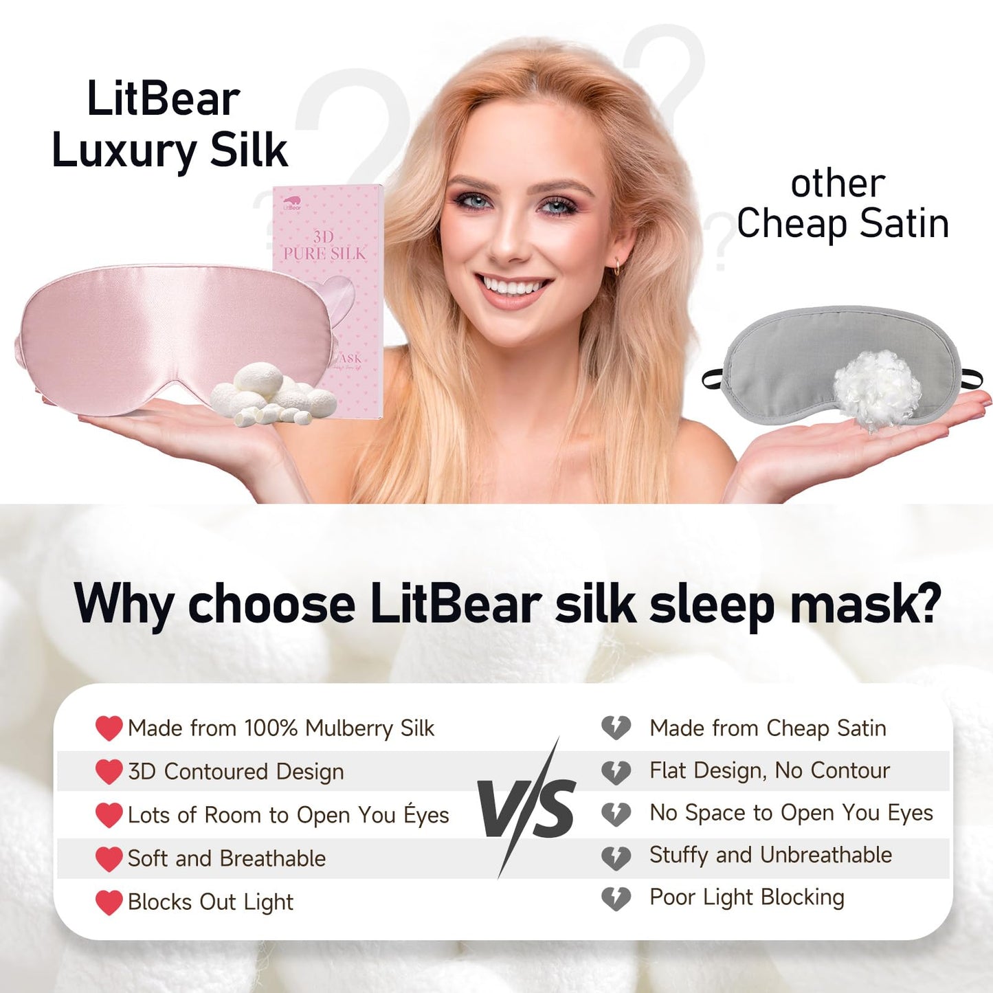 LitBear 100% 22 Momme Mulberry Silk Sleep Mask - 3D Contoured Eye Mask for Men Women, Soft Breathable Sleeping Mask with Adjustable Strap, Perfect Blocks Light for Sleeping (Light Pink)