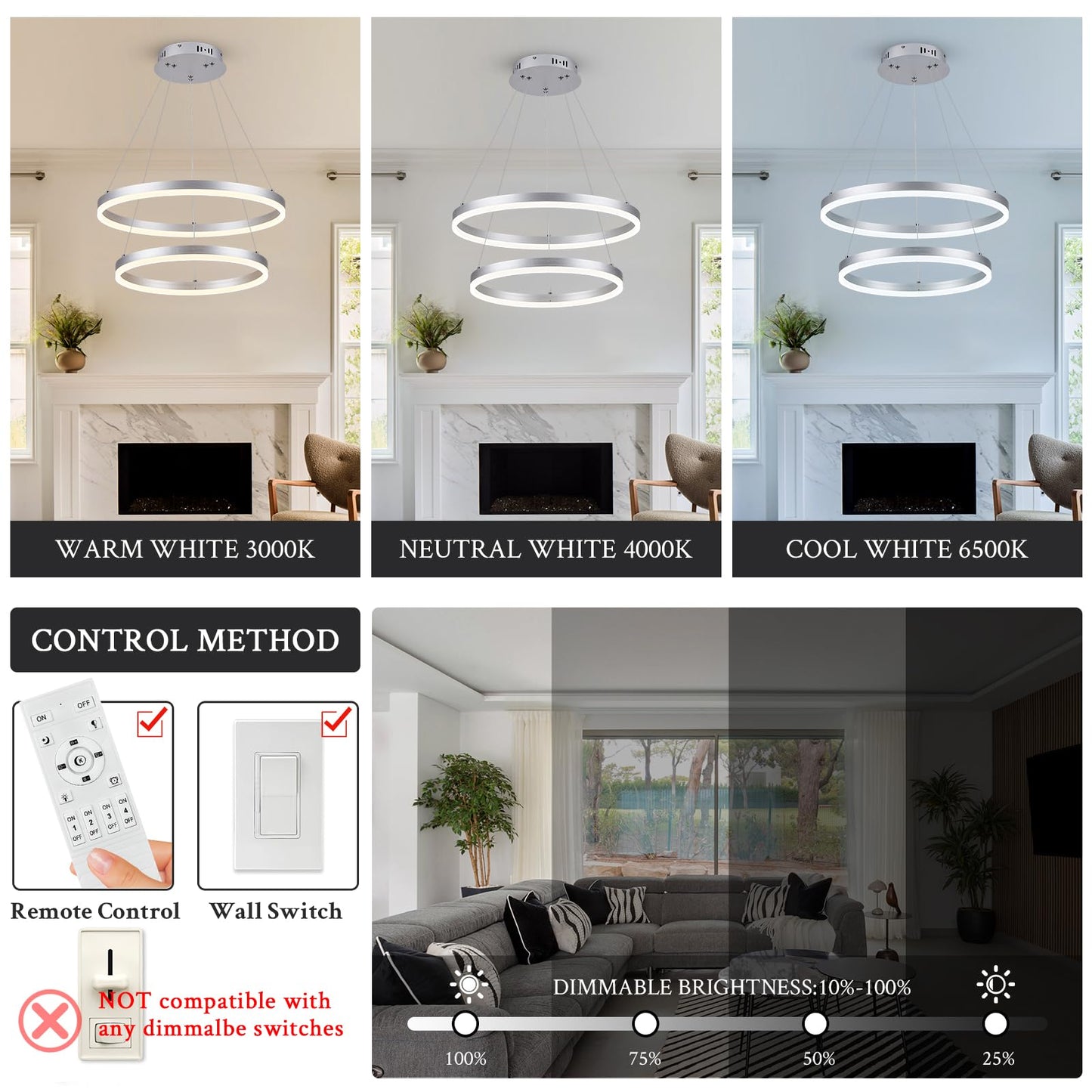 Sparklelf LED Chandelier Pendant Light, 2 Rings, Silver, Remote Control, Flush Mount, Model SL-BK-LED2R-SL197, 3000K-6500K